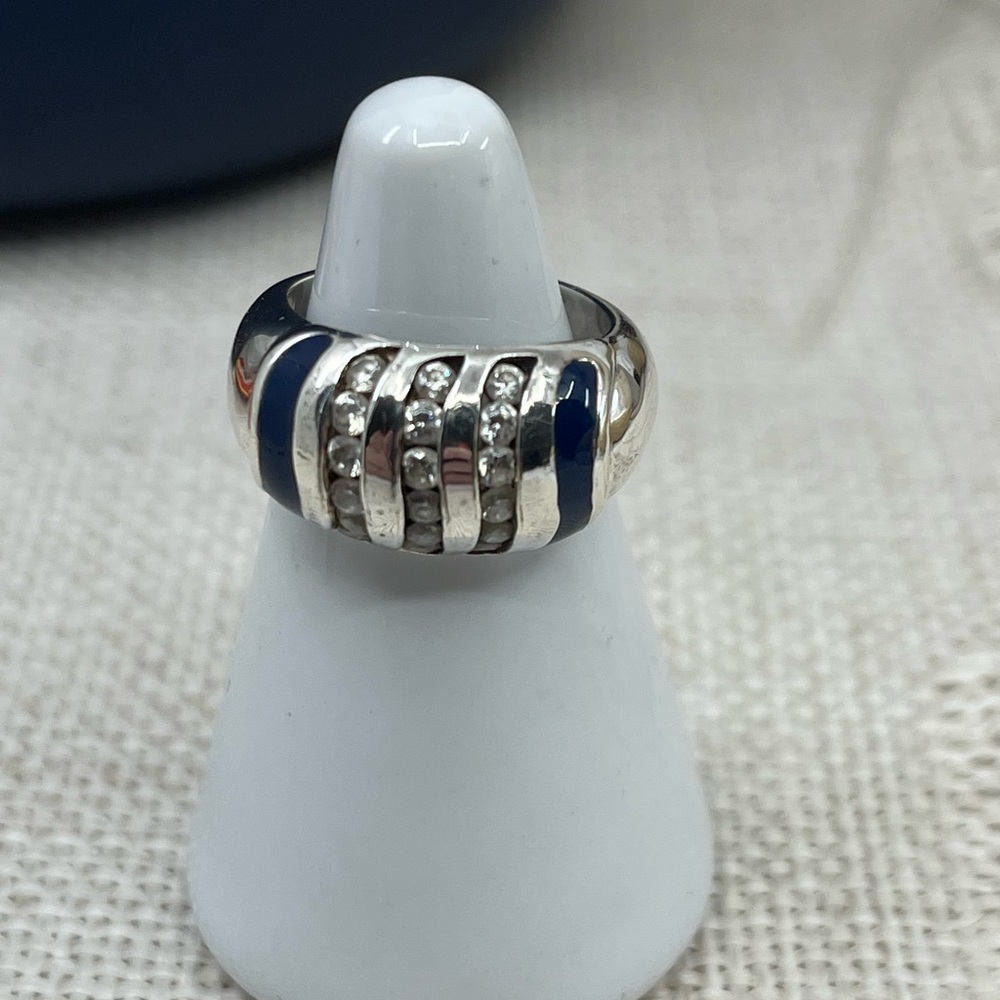 Vintage Sterling Silver Wide Band Ring with Enamel & CZ Accents Size 4.75 - Picture 9 of 16
